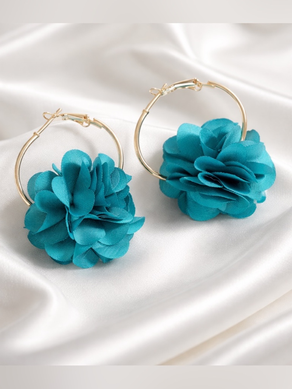 Teal Chiffon Flower Hoop Earrings